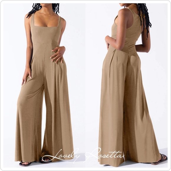Sophisticated Tan Square Neck Wide Leg Jumpsuit - Picture 2 of 8